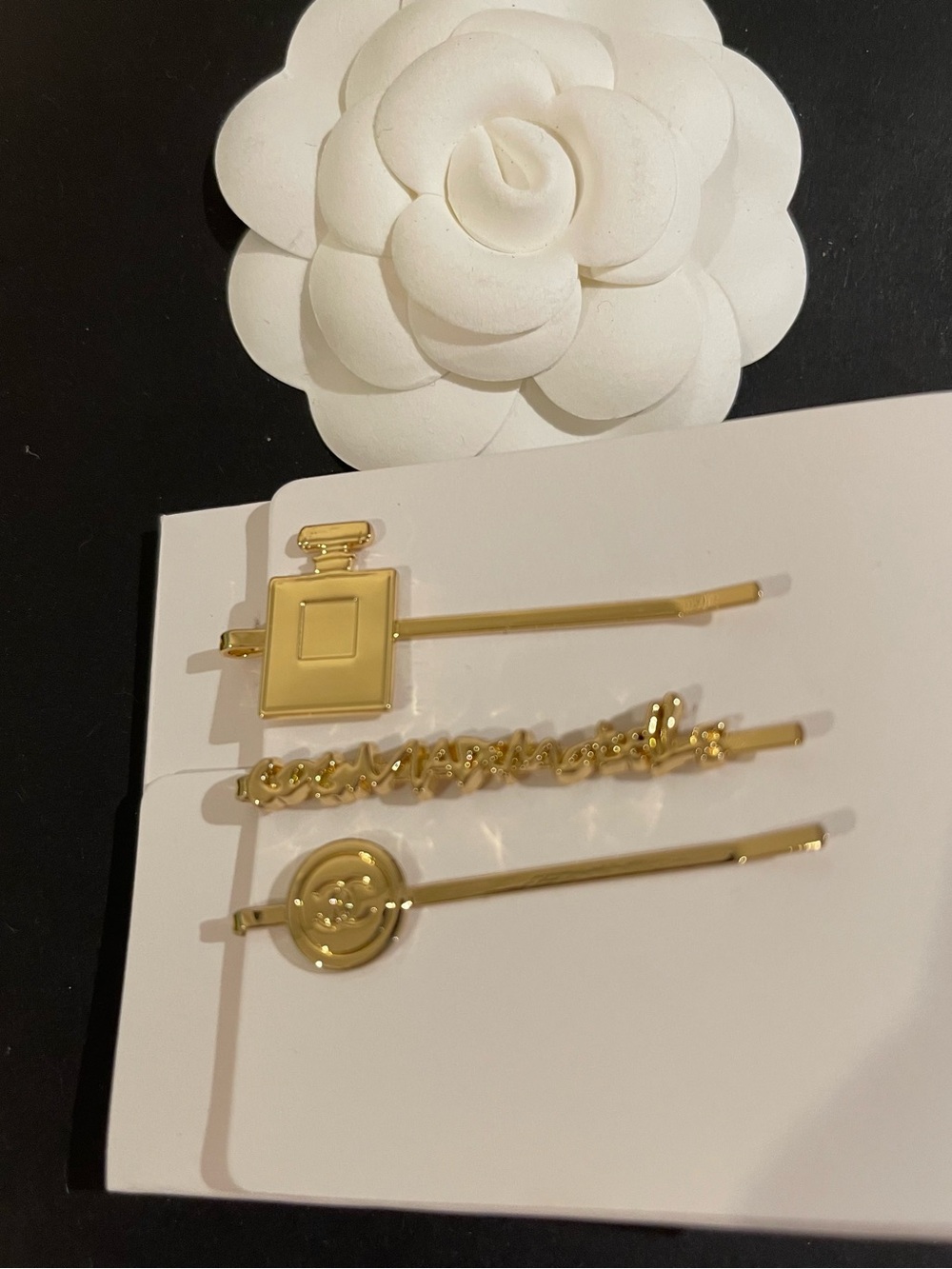New CHANEL Gold Decorative Hair Pin Set - Logo & Perfume Motif - Picture 5 of 5